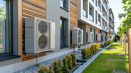 Modern apartment building exterior with multiple outdoor air conditioning units.