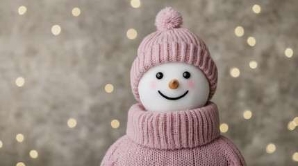 cheerful snowman wearing pink knitted hat and sweater, smiling warmly against blurred background of soft lights. This festive decoration brings joy to winter scenes