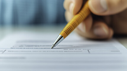 Filling out tax submission forms with pen, capturing focus and detail of process. hand is poised, ready to complete important paperwork