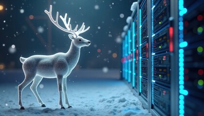 Silver reindeer stands in snowy data center. Tech festive scene. Christmas in digital world. Winter tech theme. Modern holiday concept. Cool Christmas scene. Image suitable for tech advertising. Use