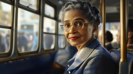 Elderly woman, glasses, bus, pensive expression.