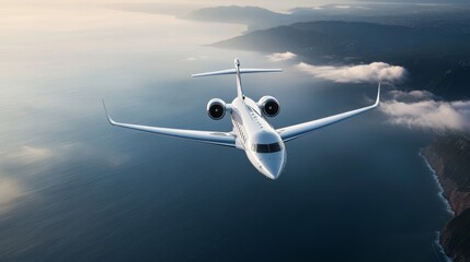 Fototapeta premium Airplane in Flight Over Ocean on a Clear Day with Clouds