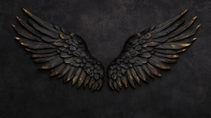 Ethereal black angel wings with golden accents against dark background, creating striking and mystical appearance. Perfect for artistic and conceptual themes