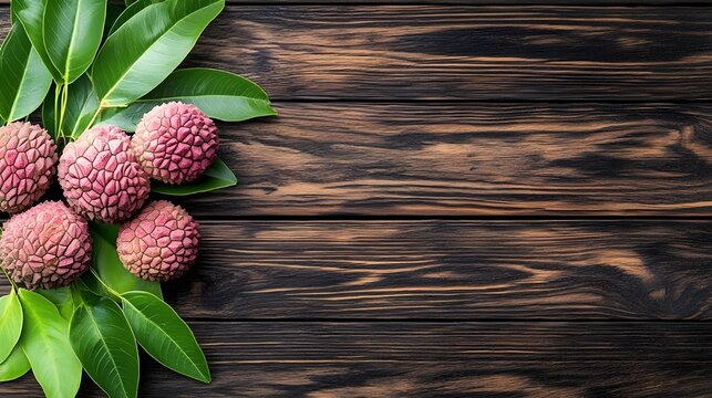 Lychees with Leaves on Wooden Surface.