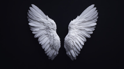 conceptual image of angel wings suspended in darkness, evoking sense of mystery and ethereal beauty. wings are intricately detailed, showcasing their delicate structure