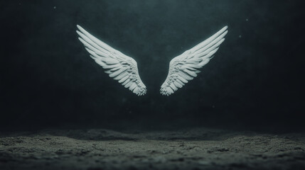 Obraz premium conceptual portrayal of angel wings glowing softly in dark environment, evoking sense of serenity and wonder. wings are intricately detailed, creating mystical atmosphere