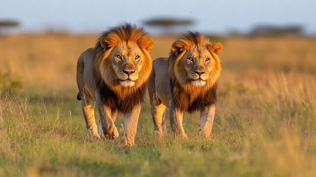 Two majestic male lions walking side by side in golden savanna light. - Powered by Adobe