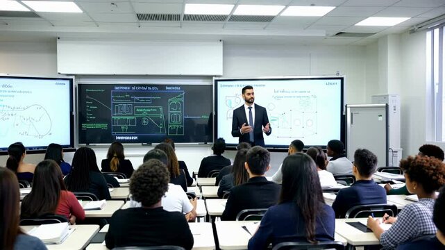 man standing in front of a classroom full of students