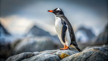 Fototapeta premium Arctic penguin, minimalist monochrome study against a rock backdrop.