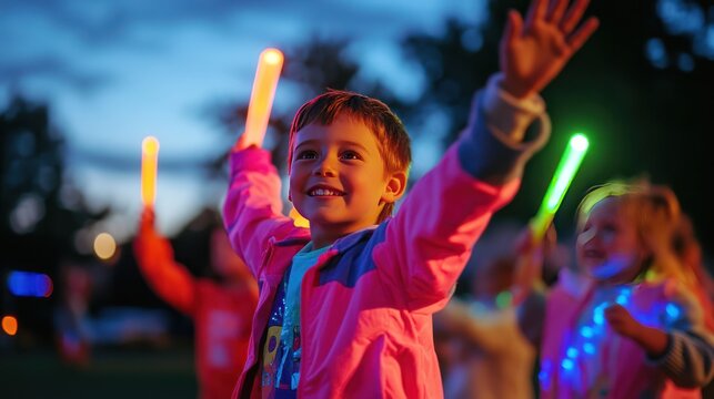 Family-friendly countdown celebration at a community park, kids with glowsticks, a warm and inclusive vibe