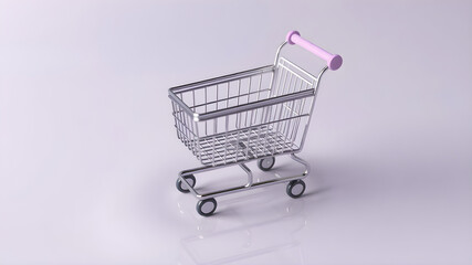 Abstract shopping cart icon resting on a glossy pastel lavender surface, with dynamic lighting highlighting intricate details, rendered in 8K