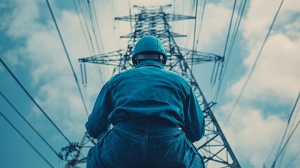 View of Chinese Power Worker Climbing Electric Tower from Behind