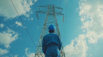Back View of Worker Examining Power Tower under Blue Sky