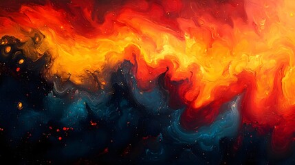 Fototapeta premium Fiery Abstract Canvas of Exploding Colors with Vivid Red, Orange, Yellow, and Dark Blue Swirls, Depicting Dynamic Energy and Artistic Fluidity in a Modern Abstract Art Style