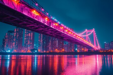 A long city bridge lit with neon lights in shades of pink and orange, the colors contrast sharply with the dark, Generative AI