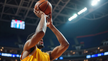 Basketball player shoots ball in arena. Athlete in yellow jersey. Game action. Energetic atmosphere. Sportsmanship. Competition. Dynamic sport. Pro player. Focused on shot. Thrilling moment.