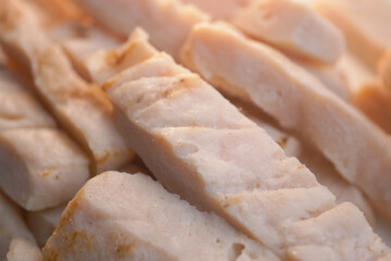 CloseUp View of Sliced Cooked Chicken Breast Ready for Serving