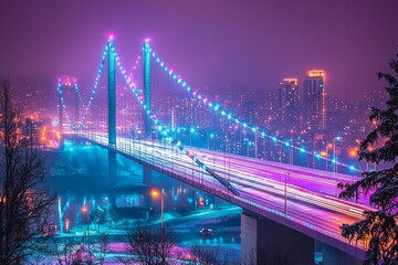 Naklejka premium A modern city bridge with changing lights that shift from blue to purple, cars drive across as the lights pulse in, Generative AI 