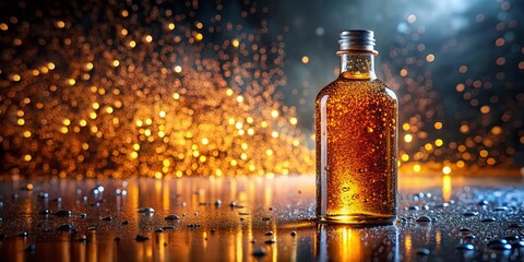 A Sparkling Amber Elixir in a Glass Bottle on a Wet Surface with Golden Lights