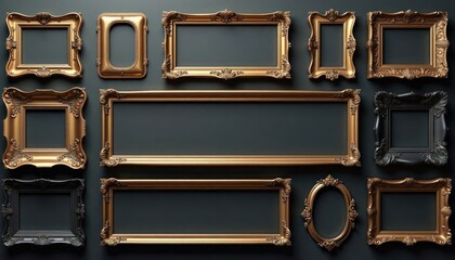Empty golden, black picture frames arranged on dark background. Mockup displays different shapes, sizes. Versatile photo frame options for various art pieces. Elegant, classic design for home decor.