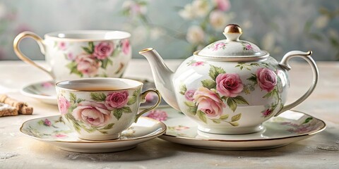 Fototapeta premium Elegant floral teapot and teacups set on a table
