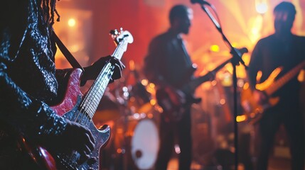 Obraz premium Diverse Group of Musicians Performing Energetically on Stage