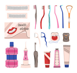 Set of oral hygiene products in a flat style. Different toothbrushes, toothpastes, dental floss, mouth rinse, teeth strips, irrigator. Teeth cleaning accessories. Colorful vector set