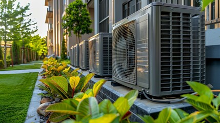 Row of Modern Air Conditioning Units at Apartment Building
