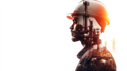 Double Exposure Construction Worker Profile with Industrial Background