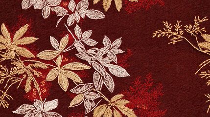 Red canvas material, pattern with leaves and plants, traditional Japanese kimono style, elegant, embroidery, curtain, bed