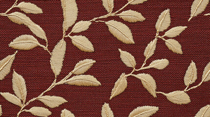 Red canvas material, pattern with leaves and plants, traditional Japanese kimono style, elegant, embroidery, curtain, bed