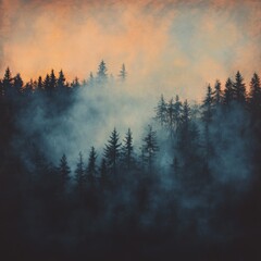 Naklejka premium Dramatic Forest Fire Smoke at Dusk with Orange Sky and Trees