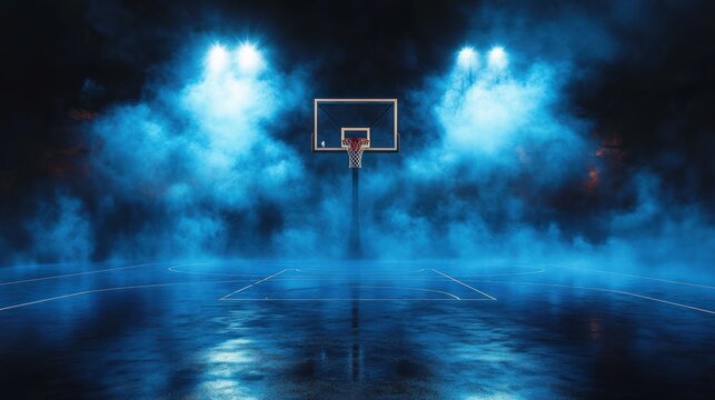 Illuminated basketball court with hoop and dramatic blue smoke under spotlights in a dark urban setting