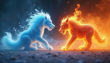 Two mythical creatures face off embodying fire, ice. Fierce contrast of elements shown in fantastical animals. Nature theme with elements of conflict. Digital art style. Possible use for wallpaper