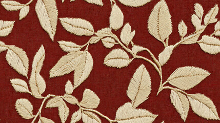Red canvas material, pattern with leaves and plants, traditional Japanese kimono style, elegant, embroidery, curtain, bed