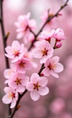 Obraz premium A cluster of delicate pink cherry blossoms in full bloom bathed in soft sunlight.