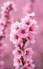 Obraz premium A cluster of delicate pink cherry blossoms in full bloom bathed in soft sunlight.