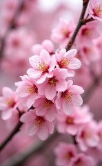 Fototapeta premium A cluster of delicate pink cherry blossoms in full bloom bathed in soft sunlight.
