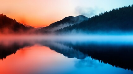 Fototapeta premium A serene lake reflects vibrant hues of red and blue at sunset, framed by misty mountains, creating a tranquil and picturesque landscape.