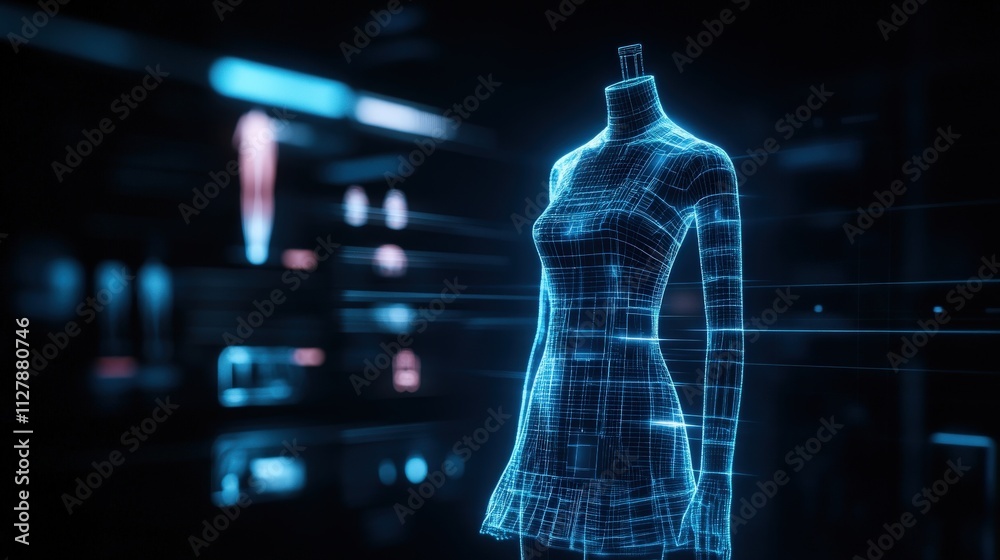 Poster digital representation of a fashion mannequin in a virtual space surrounded by futuristic graphics a