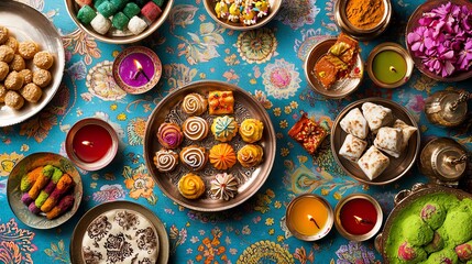 A vibrant spread of traditional sweets, snacks, and colorful decorations on an ornate tablecloth, celebrating a festive occasion.