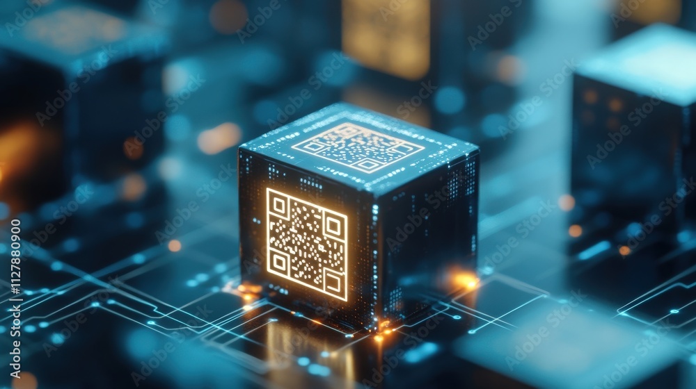 Aufkleber Futuristic Digital Technology Background Featuring 3D QR Codes and Circuit Patterns in an Abstract Networking Environment Representing Innovation and Connectivity