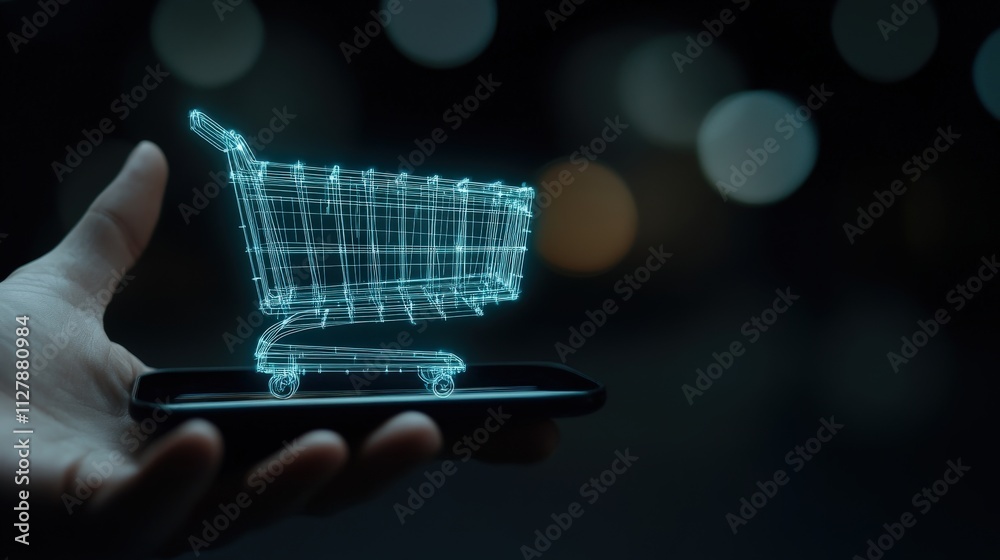 Poster modern technology and shopping concepts with holographic shopping cart displayed on smartphone enhan
