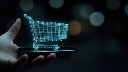 Modern Technology and Shopping Concepts with Holographic Shopping Cart Displayed on Smartphone Enhancing Digital Experience and Retail Interaction