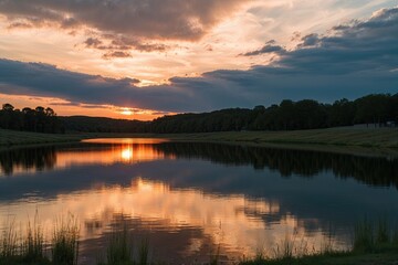 Obraz premium Sunset Reflections on a Reservoir Highlighting Water Sustainability and Nature Conservation