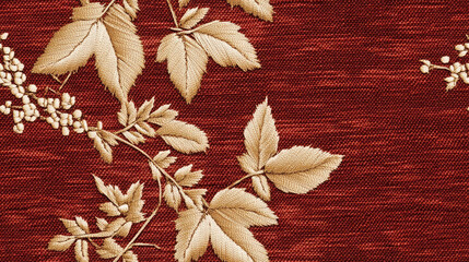 Red canvas material, pattern with leaves and plants, traditional Japanese kimono style, elegant, embroidery, curtain, bed