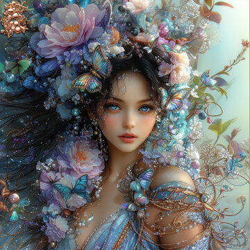 青い蝶と薔薇が織りなす幻想的な美女の肖像画、水色と紫のグラデーションドレスに金の装飾、エメラルドブルーの瞳と黒髪に舞い降りる蝶々、真珠の露と結晶の輝きが彩る夢幻的なファンタジーポートレート