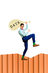 Composite trend artwork sketch image collage of young guy walk success fist hand hold bag data...