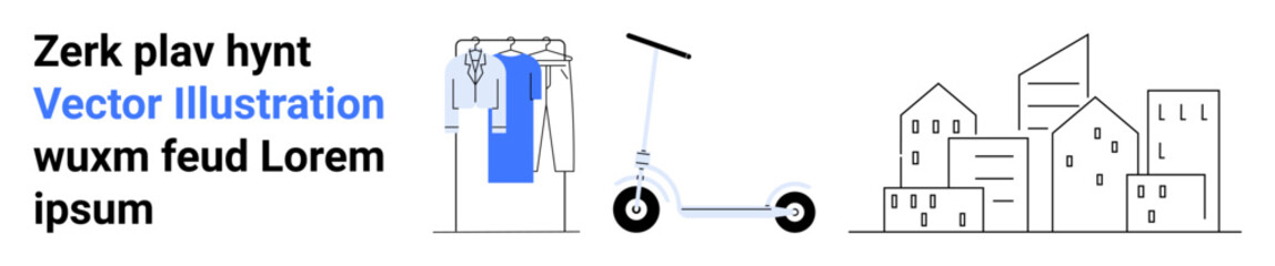 Clothing rack with hanging garments, electric scooter in middle, and urban buildings. Ideal for marketing, fashion, commuting, city living, ecommerce branding innovation. Landing page
