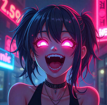 Happy Vampire Girl With Pink Glowing Eyes